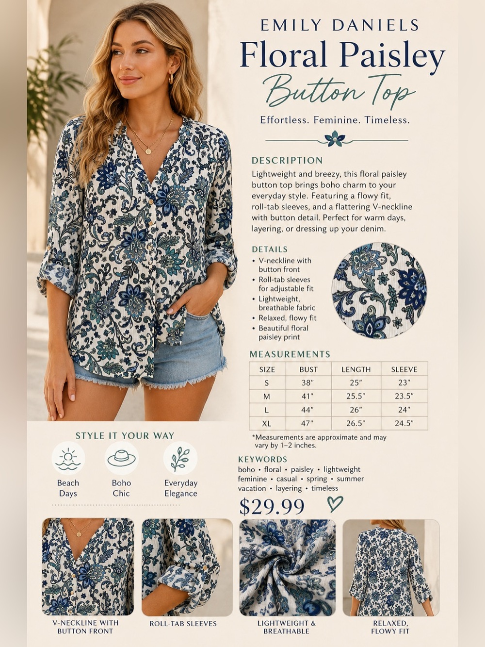 My Darling Blue Floral V-Neck Roll-Sleeve Blouse